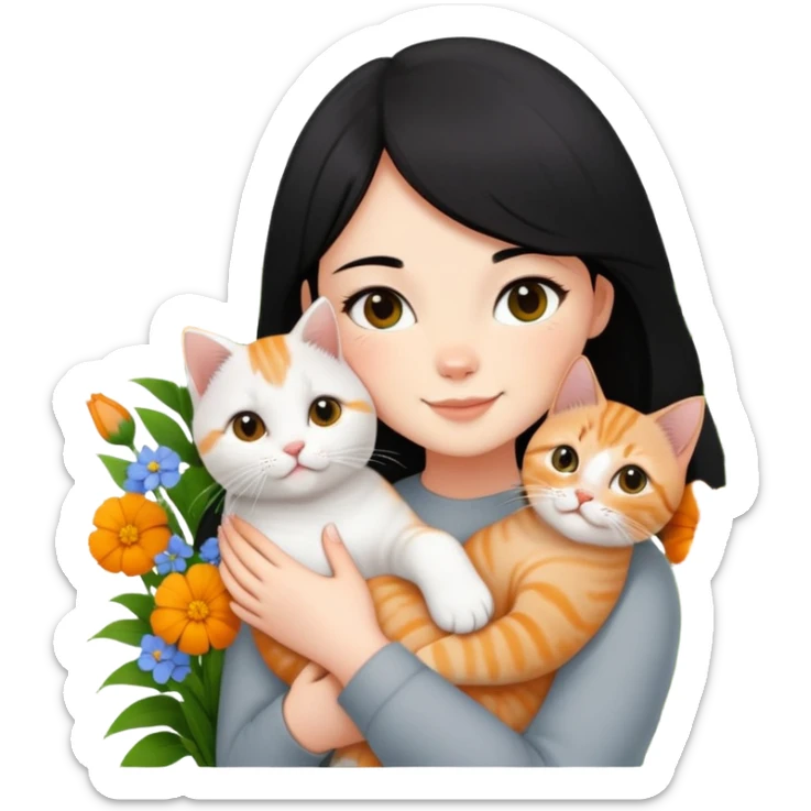A black-haired girl happily holds a Ginger British Shorthair Cat in the flowers sticker