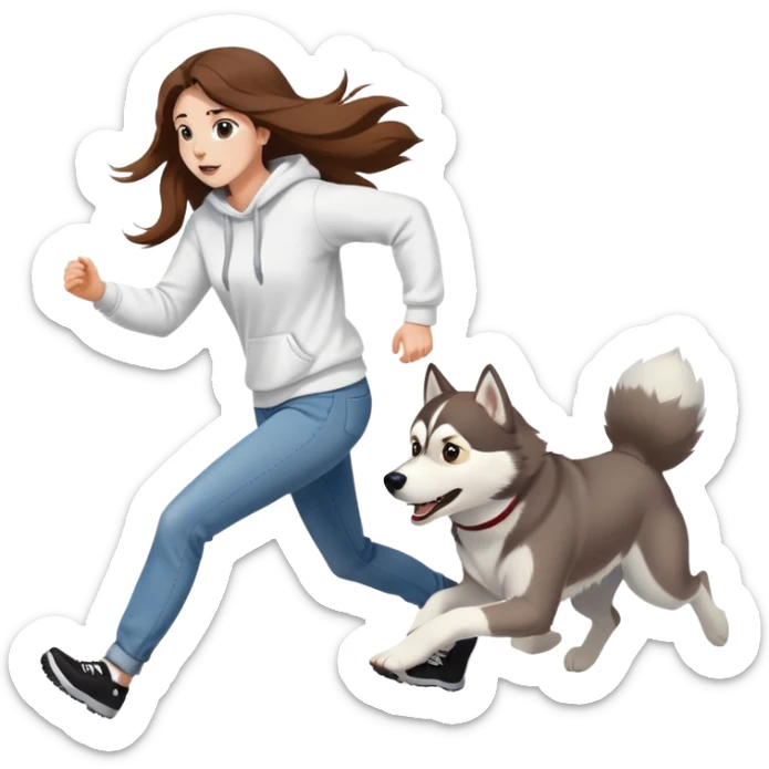 The husky is running in front, and a beautiful girl with long hair wearing a white sweatshirt and jeans is chasing behind. sticker