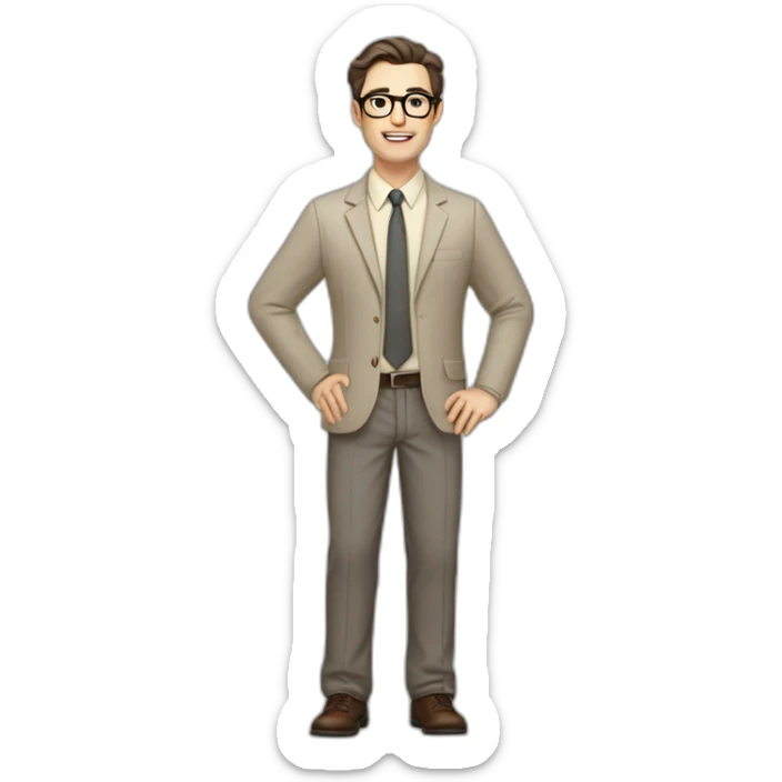 Full height Gesticulating Pale skinned fit man with dark brown hair in gray jacket, beige office shirt, brown tie, brown pants and vintage glasses. sticker