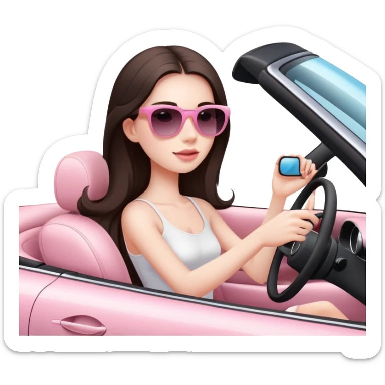 Pretty girl with very long dark brown hair and pale skin wearing sunglasses driving convertible car with light pink interior. She is wearing a white top. In the style of apple emoji sticker