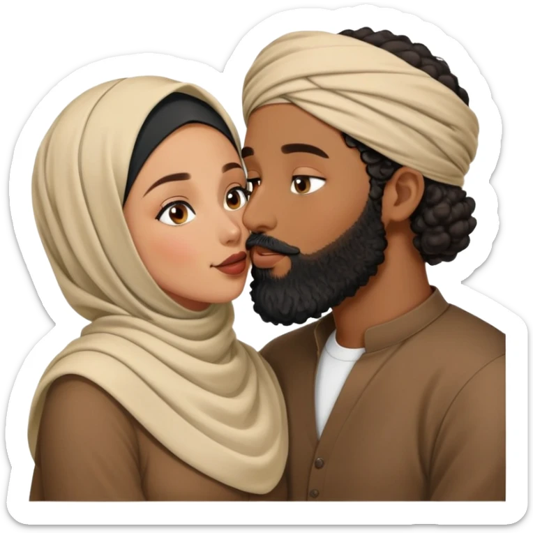 a hijabi brown girl kissing her husband with hes pale and black beard curly head sticker