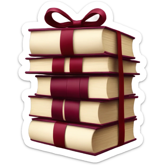 burgundy books stacked up and tied together by a burgundy bow sticker