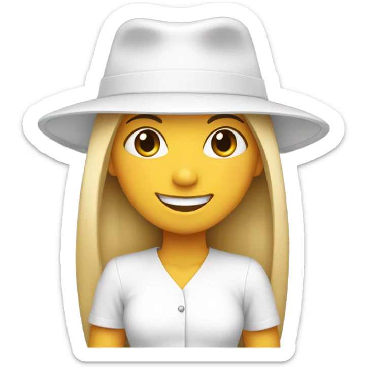 smiling girl in hat portrait white out fit straight hair closed smile sticker