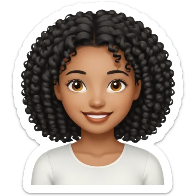 a young woman.She has voluminous, curly black hair that frames her face beautifully. Her skin tone is black light and glowing, and she has a subtle, natural makeup look. She’s smiling softly at the camera. She is wearing a white top sticker