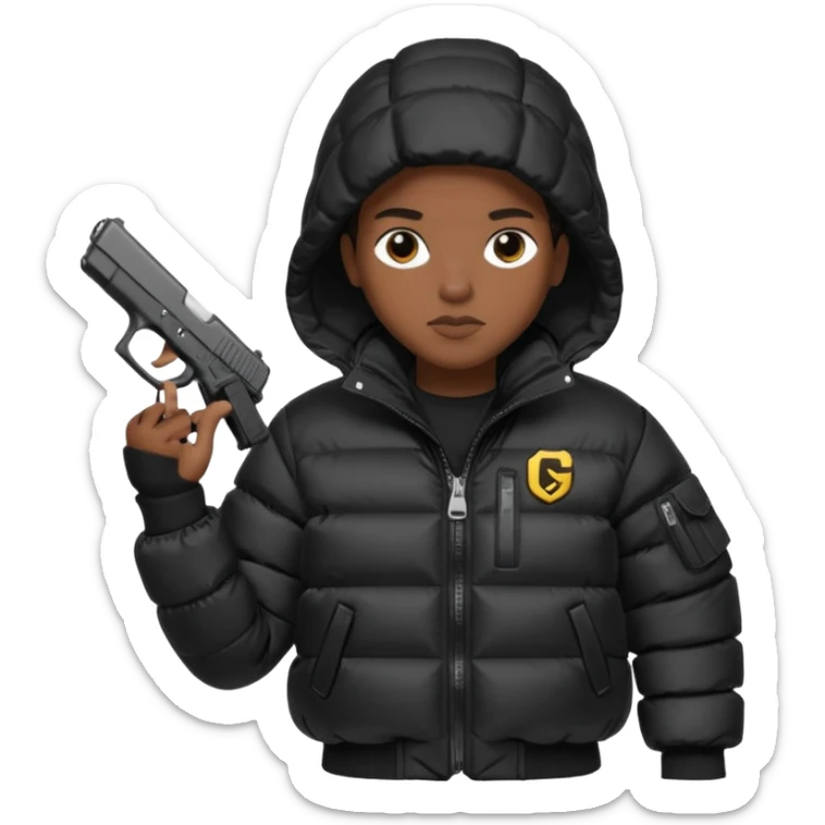 african american wearing a black puffer jacket with the hood on and holding a glock 26 sticker