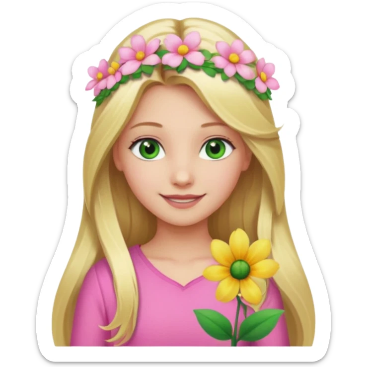 Girl profile picture with long blonde hair and green eyes and a flower in her hair. and a pink outfit sticker