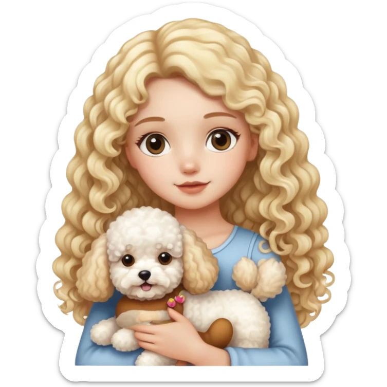 A girl with long blond curly hair holding a bichon frise and a teddy dog sticker