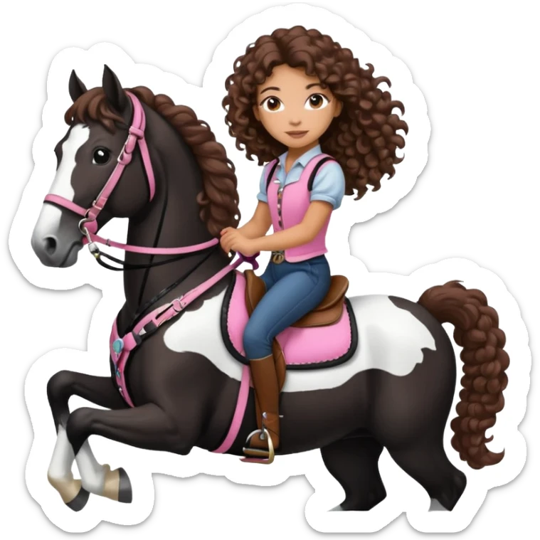 Realistic mixed race girl with long curly hair, riding a big black and white draft horse, wearing pink harness and saddle  sticker