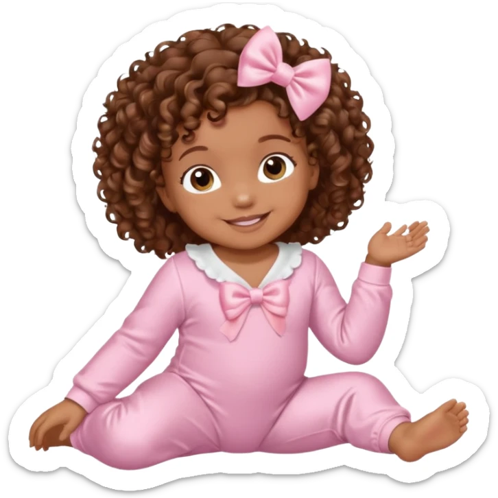 Brown skin 6 month old baby with brown curly hair down laying down smiling with satin baby pink onesie and white bow sticker
