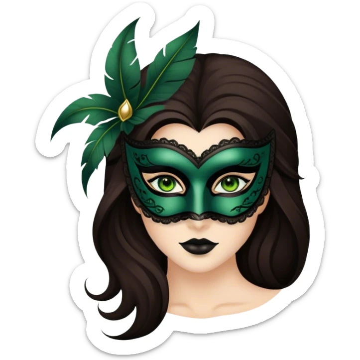 Greeneyed Woman with Long Dark brown hair wearing Black venetian mask sticker