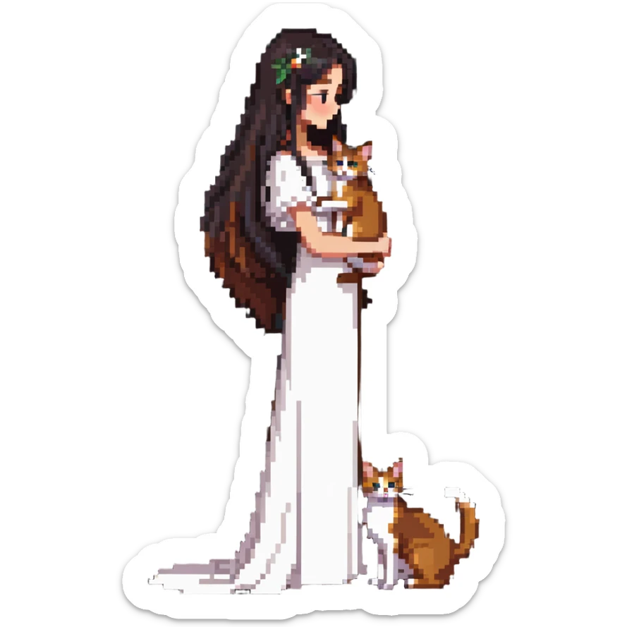 beautiful girl with long black hair wearing a white dress holding an Abyssinian cat with reddish-brown fur in her arms, side view sticker
