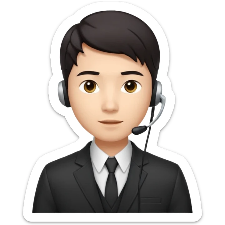 A young Asian man with smooth light skin, dark hair that swoops upward in the front, expressive eyes, a clean-shaven face, and a call-center style headset over one ear, usually paired with a crisp shirt and suit jacket visible from the chest up. sticker
