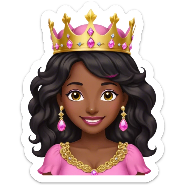 Crown dark black women smiling with really longer lightly WAVY hair pink dress pink crown facing forward black hair middle age adult woman gold gems in crown gold earrings  one woman smiling wink head only sticker