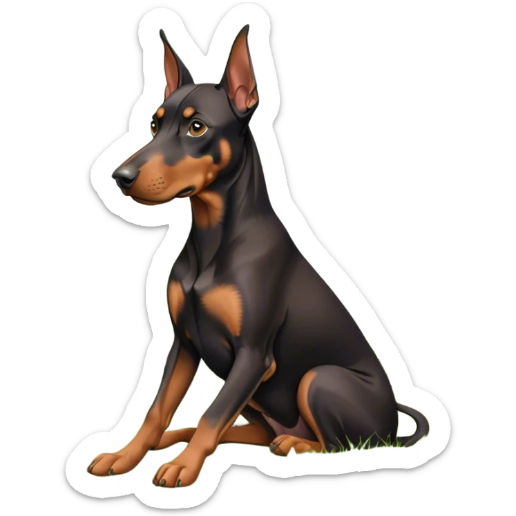 Close-up of a Doberman Pinscher sitting on lush green grass, looking alert and majestic. The background features a beautiful, serene nature view with rolling hills and bright blue skies. The dog’s sleek black and tan coat shines under the sun. Transparent background. sticker