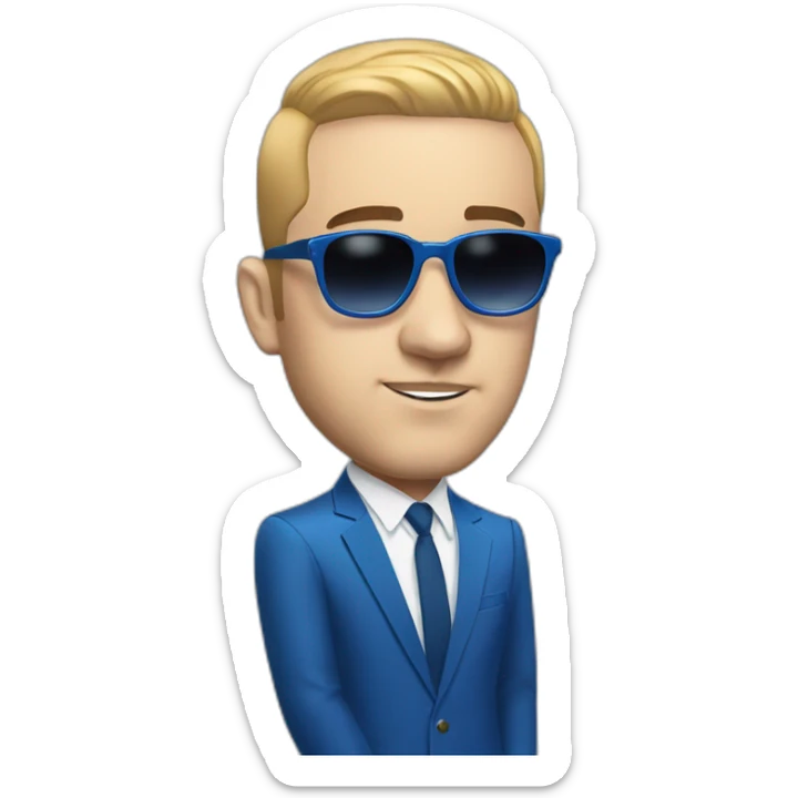 mac miller with a blonde comb over skin fade wearing a blue suit and sunglasses sticker