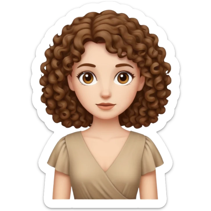 white woman with curly brown hair wearing a beige dress sticker