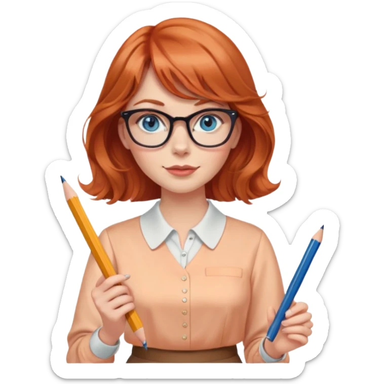 redheaded woman with long wavy hair and bangs, blue eyes, cat-eye glasses, wearing a pencil skirt and apricot blouse, holding a pencil sticker