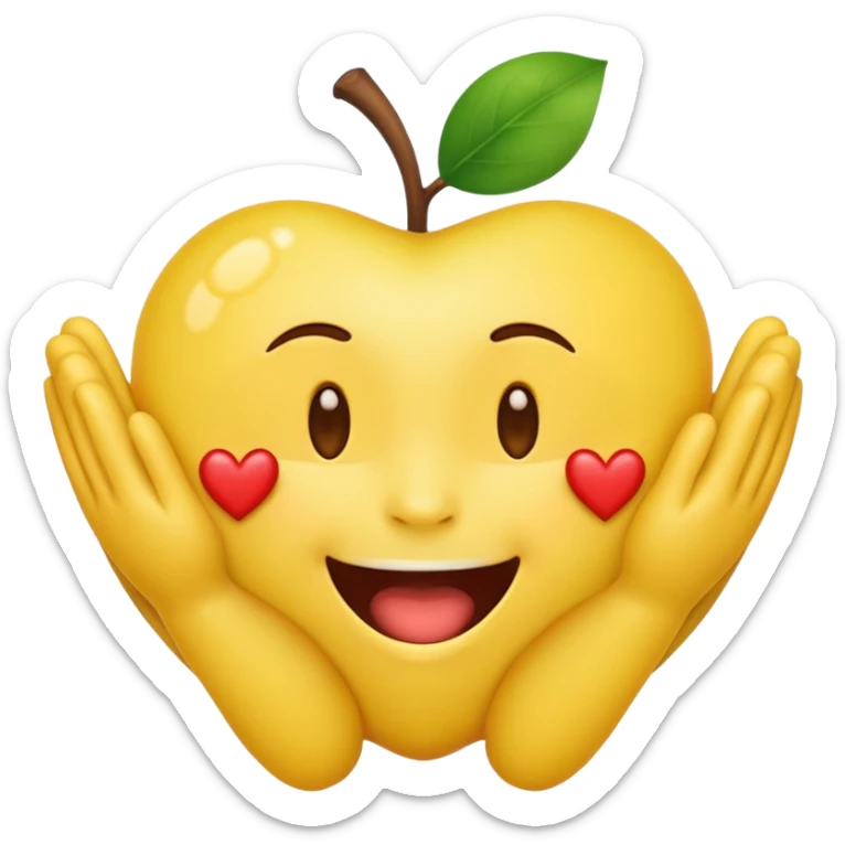 Apple-style emoji with a round yellow face, mouth exactly like 😁 (big smile with teeth), hands like 🤗 (open forward), and three hearts like 🥰 in the same position. sticker
