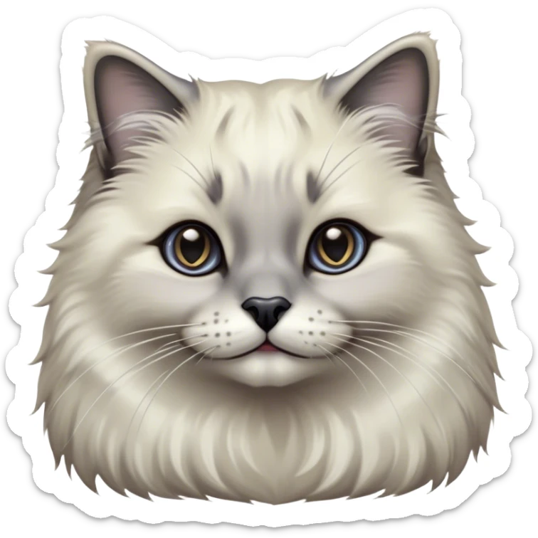 Cinematic Adorable Fluffy Grey Seal Ragdoll Cat Portrait Emoji, Head tilted gracefully with large, sparkling eyes, soft grey fur with darker seal points on the ears, face, and paws, Simplified yet majestic features, highly detailed, glowing with a soft, warm glow, high shine, calm and affectionate, stylized with a touch of elegance, bright and endearing, soft glowing outline, capturing the essence of a regal and loving kitty, so serene it feels like it could glide across the screen with its dignified presence! sticker