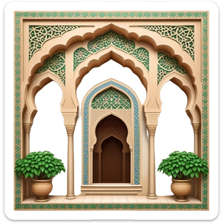 Alhambra – Cinematic Realistic Alhambra, depicted as a majestic Moorish palace with intricately carved arches, lush courtyards, and detailed tile work, bathed in soft golden light and dynamic shadows that highlight its opulent historical beauty. sticker