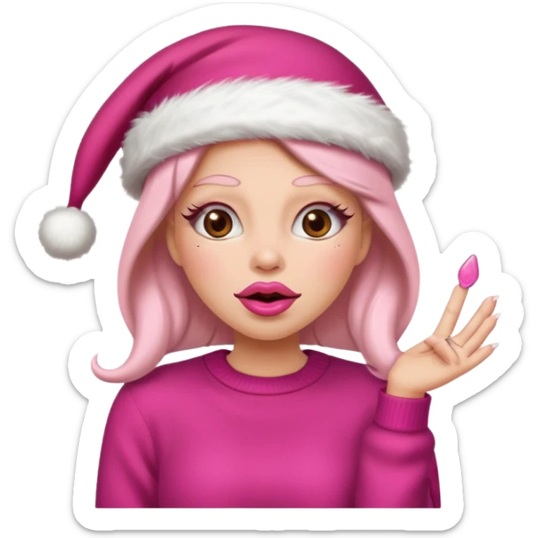 Sassy, cunty, girly Santa emoji with big lips, long nails, pink sweater, and a pink santa hat. sticker