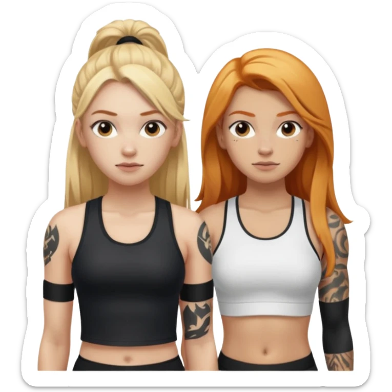 girl with long blonde hair and black tattoos next to a an athletic ginger girl sticker