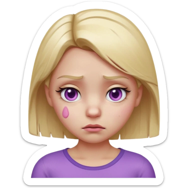 Blonde girl emoji, head and slight shoulders visible, one eye bruised pink and slightly swollen (cartoon black eye), soft pink-purple bruise shading around eyelid, cute but annoyed expression, glossy smooth 3D emoji render, centered composition, clean lighting, white or transparent background. sticker