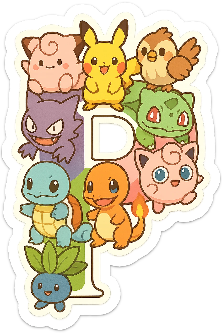 The letter P formed out of various Pokémon characters, playful and colorful style, vibrant and fun sticker