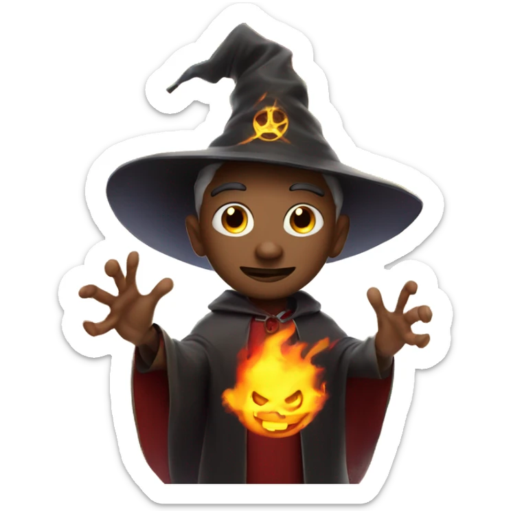 Human demonologist in a wizard costume, surrounded by a fiery halo, Halloween theme, emoji sticker