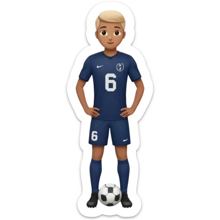 Apple emoji style 21 year old soccer player standing hands on waist, dark navy jersey #6, realistic lighting sticker