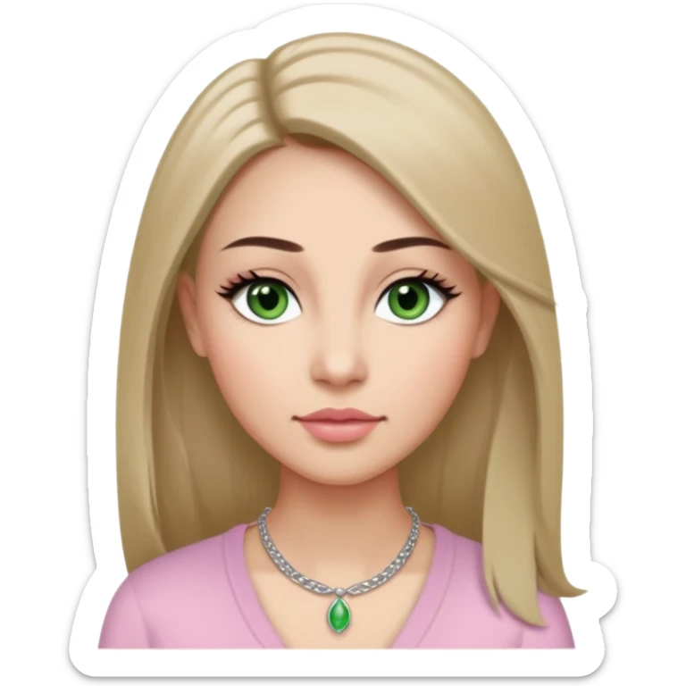 ,Adult woman avatar, light skin tone, oval face, long straight ash-brown hair, green almond-shaped eyes with dramatic eyelashes and minimal eyeliner, neutral mouth, medium straight eyebrows, small nose, natural pink lips, smooth skin with light natural blush sticker