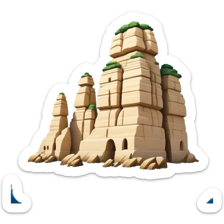 Cinematic Realistic Raouche Rocks, Beirut Landmark Emoji, depicting the majestic limestone rock formations rising from the Mediterranean Sea, with waves crashing against their bases under a vibrant sky. sticker