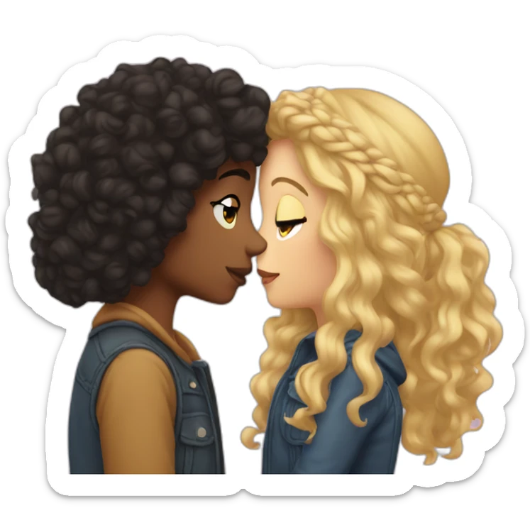 a girl with blond hair in a beanie kissing a girl with dark curly hair sticker