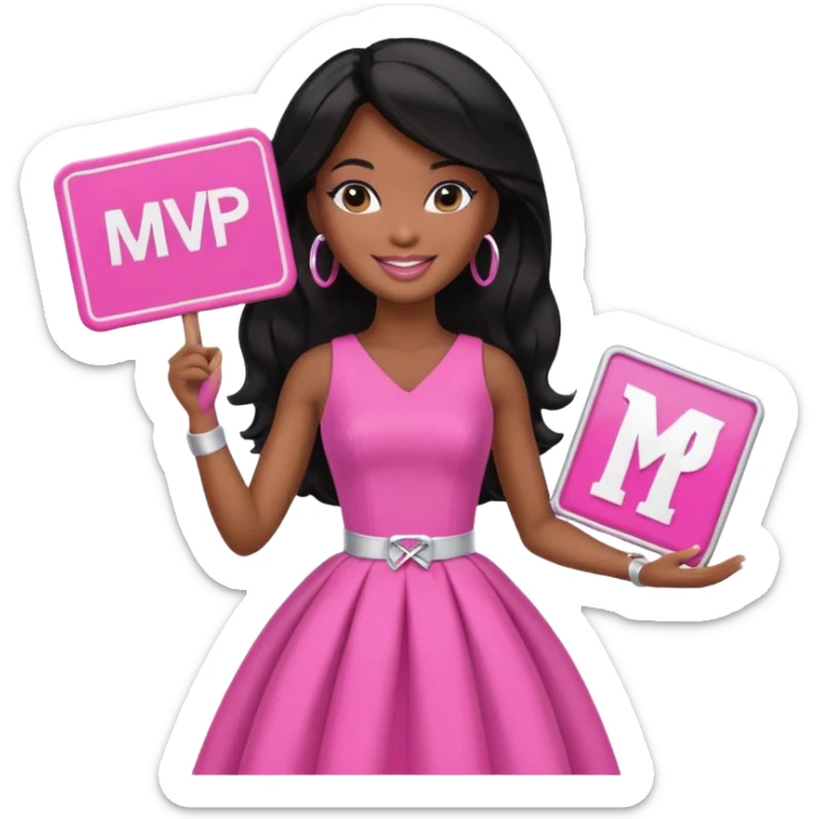 Black barbie, long black  hair, pink dress holding mvp sign  sticker