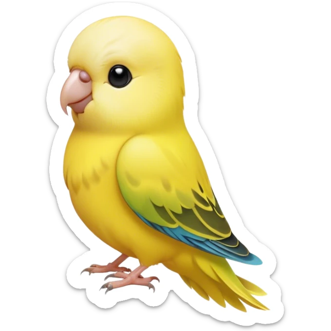 Cinematic Noble Yellow Budgie Portrait Emoji, Poised and regal, with a petite, delicate build and a smooth, well-groomed fur of brilliant yellow feathers, deep-set soulful dark eyes, Simplified yet sharp and sophisticated features, highly detailed, glowing with a soft, dignified glow, high shine, intelligent and charming, stylized with an air of elegance, focused and attentive, soft glowing outline, capturing the essence of a watchful and confident avian companion, so majestic it feels as though it could flutter out of the screen with effortless authority! sticker