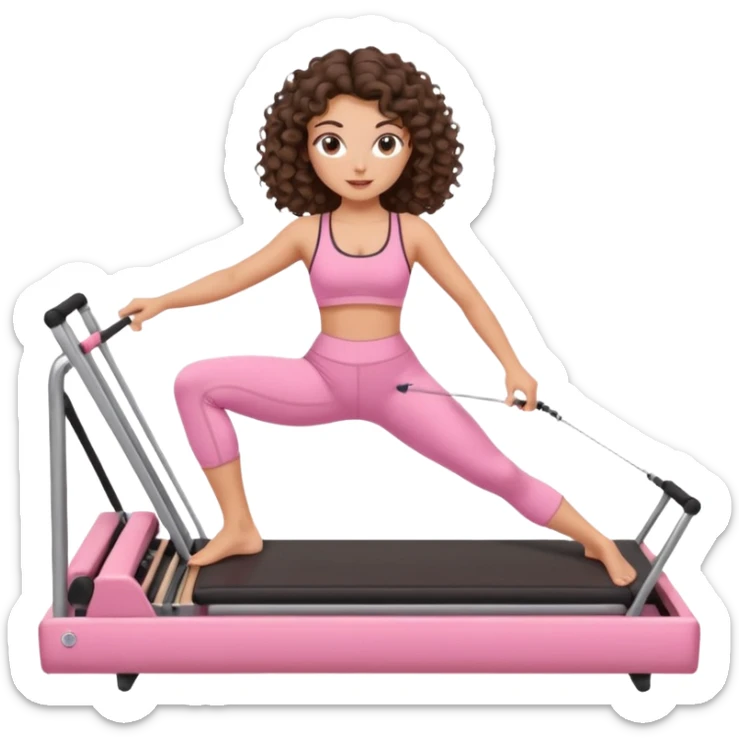brunette,curly hair shoulder lenght,turkish,beautiful,with some eyelined eyes, 3b girl doing reformer pilates with pink pilates cutesy set,on reformer machine,making different moves. sticker