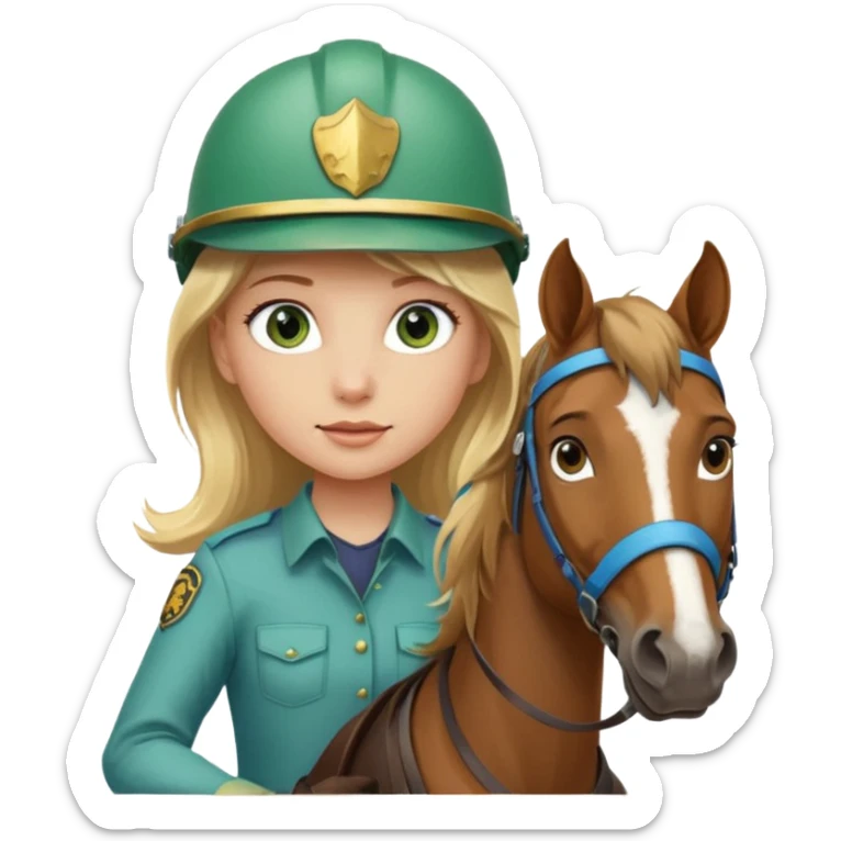 una ragazza bionda con occhi azzurri/verdi sopra un quarter horse con criniera marrone sticker