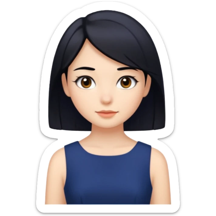 A girl with black hair, dark brown eyes, a beautiful face, short, straight hair to the shoulders, and a navy blue dress. sticker