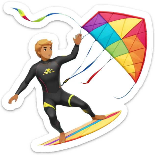 A kite surfer gliding across the ocean, with a colorful kite soaring high in the sky and the surfer carving through the waves. The scene captures the energy and freedom of the sport, with the sun shining and the ocean's waves splashing around. sticker
