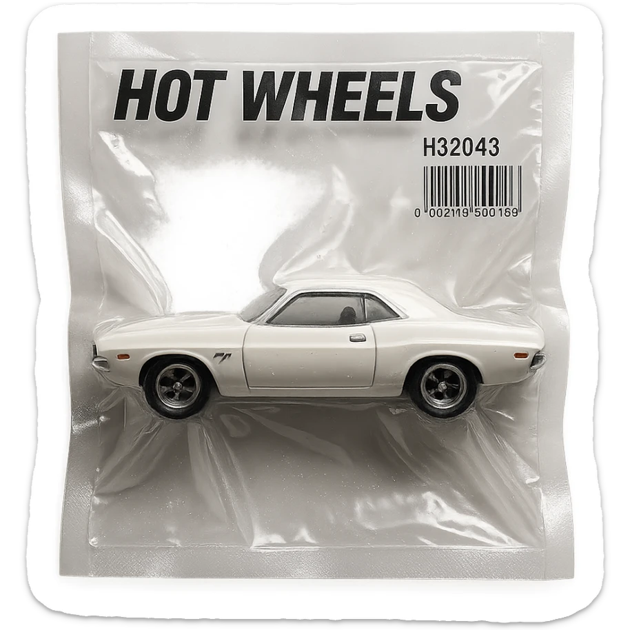 white 1971 Dodge Challenger Hot Wheels toy car, glossy, inspired by the movie 'Death Proof' sticker