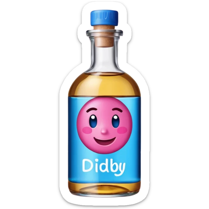 Smiling bottle of oil blue top pink outside with logo that says diddy oil sticker