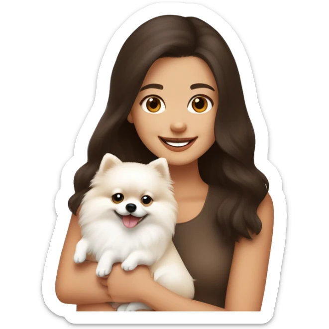 White and beige Pomeranian in the hands of a white young woman with dark brown hair smiling and cuddling the dog  sticker