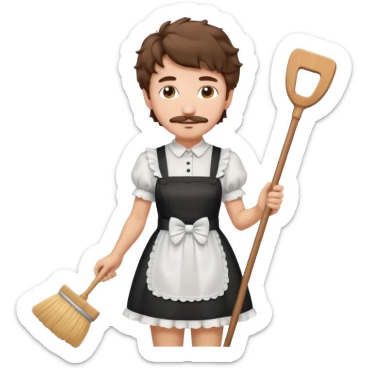 Guy with short shaggy brown hair , a thin curly mustache, wearing a cute maid dress, sweeping sticker