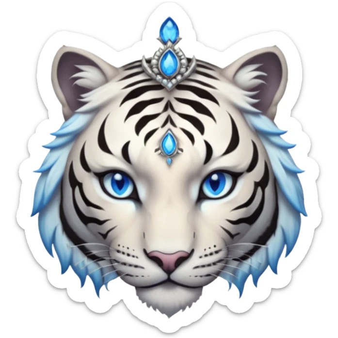 ESO Female white/black tiger khajiit leader of the umbral rose, glowing blue eyes, glowing blue 'third eye' gem; shadow umbral gem silver tiara sticker