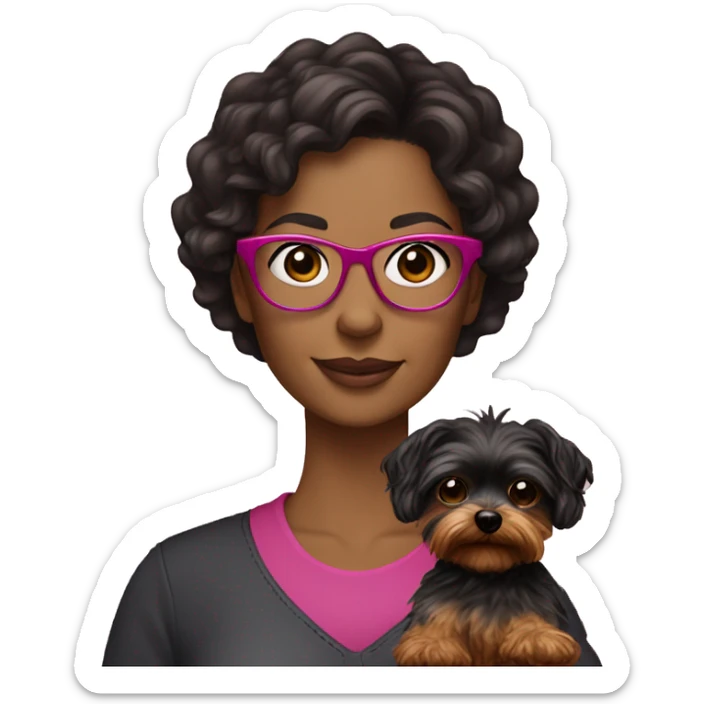 40 years old woman with dark brown long hair ,slidly curly wearing glasses with a dark pink frames  holding a yorkie dog sticker