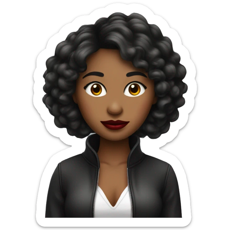 una chica de cabello negro corto lacio con labial rojo, ojos marrones y tiene una laptop sticker