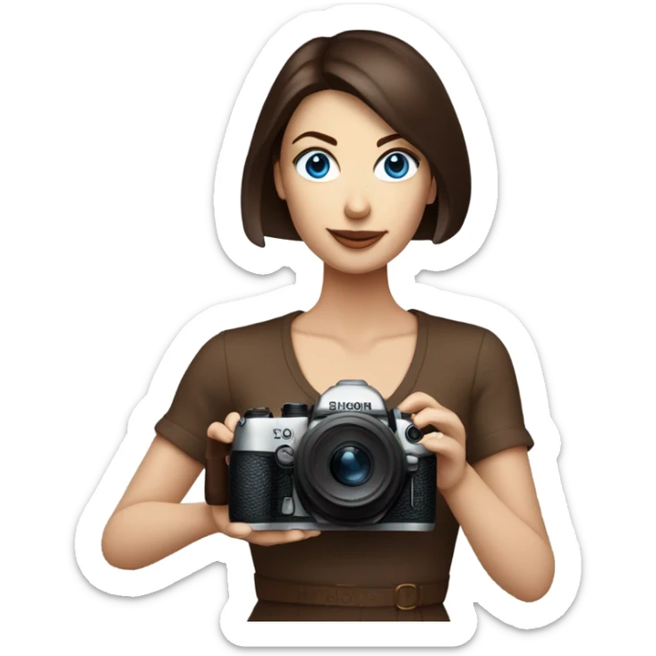 Portrait of stylish woman with blue eyes and chocholate bob hair holding a nikon camera sticker
