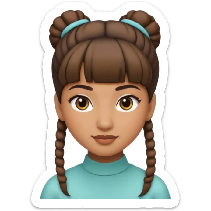 In Apple Memoji format, a girl with bangs and her hair in a bun. The girl has light brown skin and arab ethnic features sticker