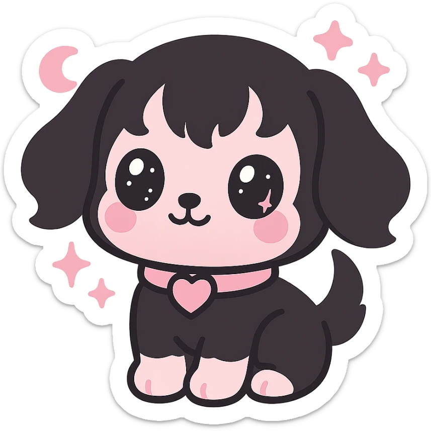 kawaii style magical gothic puppy inspired by BLACKPINK, cute face, black and pink fur, sparkling eyes, heart collar, sweet and bold sticker