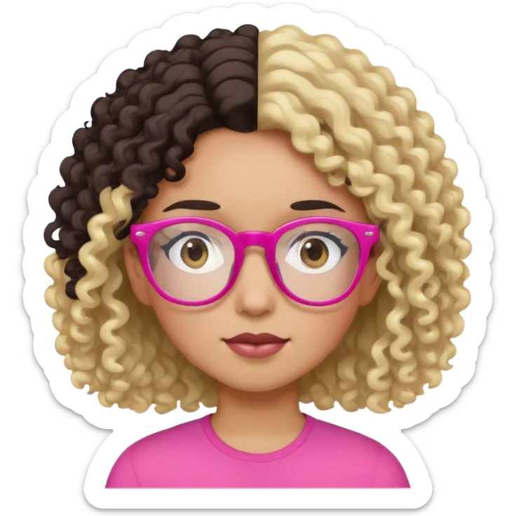 Girl Dark Brown Curly Hair, Pink glasses, And a mixed skin tone. Boy has a  white skin tone, Blonde Hair and black glasses  sticker